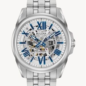 Bulova Silver and Blue Skeleton Dial Watch